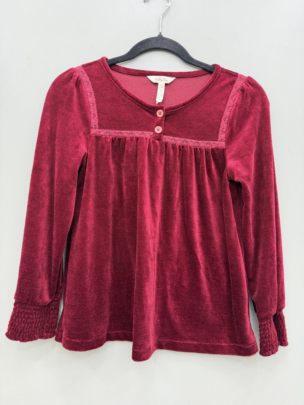 Matilda Jane Girls 14 Burgundy Velvet Top Boho Peasant Lace Smocked